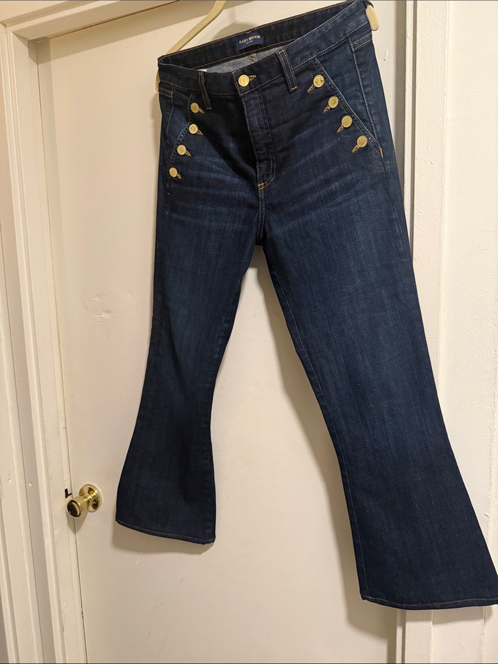 Ramy Brook Dark Navy Flared Jeans with Gold Buttons